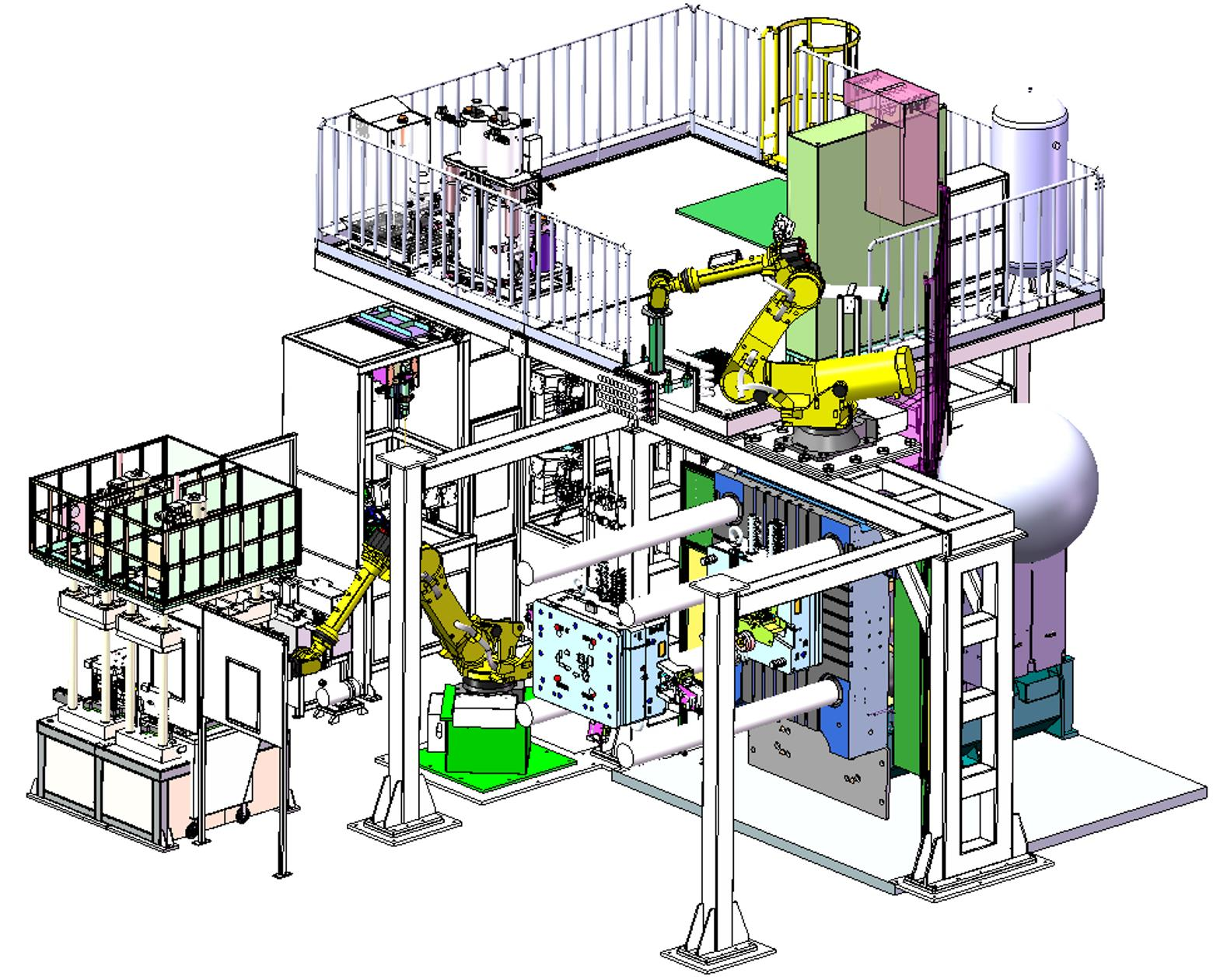 布勒1400t壓鑄機周邊用噴涂-取件、冷卻、鑲件預熱·鑲嵌、去渣包、精切機器人自動化系統(tǒng)